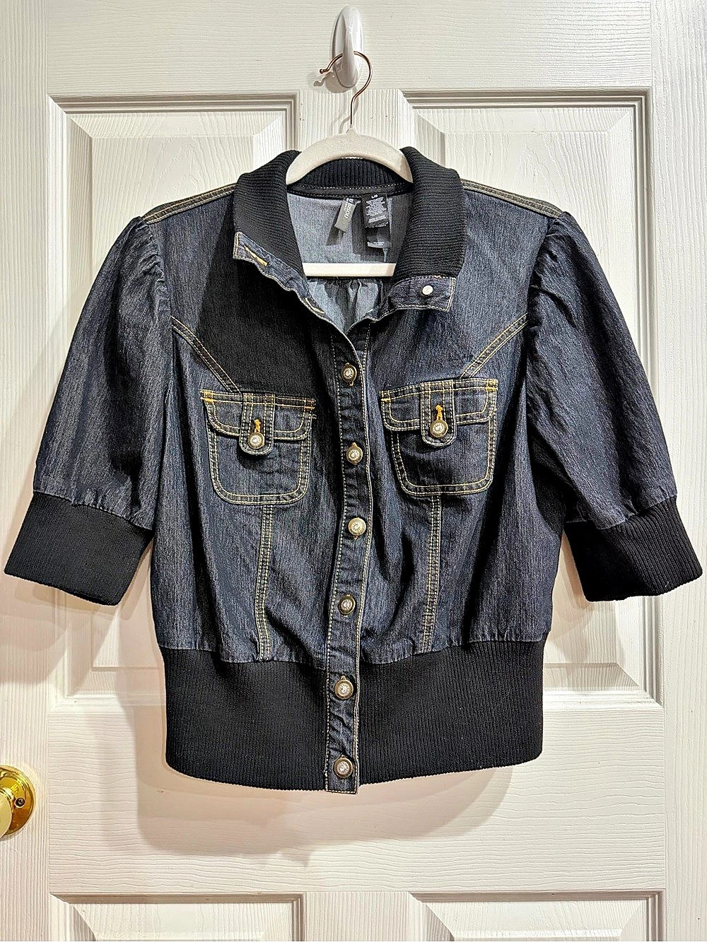 Bisou Bisou Short Sleeve Denim Bomber Jacket With Knit Rib